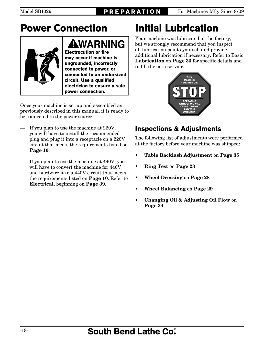 Southbend SB1029 owner manual Power Connection, Initial Lubrication, Inspections & Adjustments 