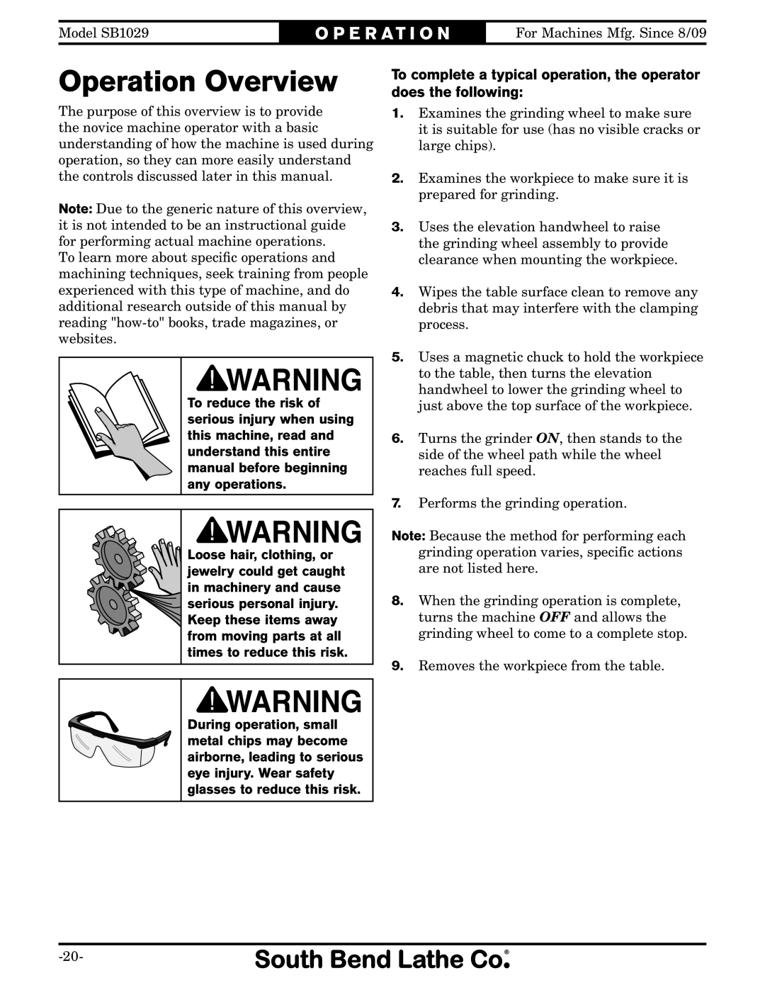 Southbend SB1029 owner manual Operation Overview 