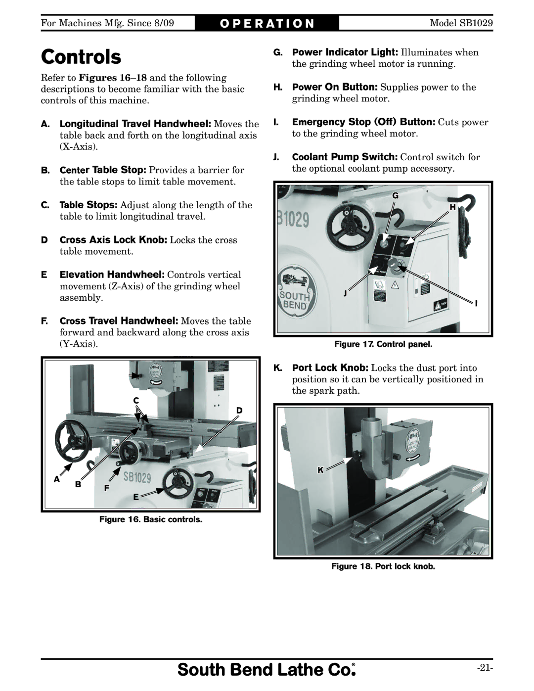 Southbend SB1029 owner manual Controls, Control panel 