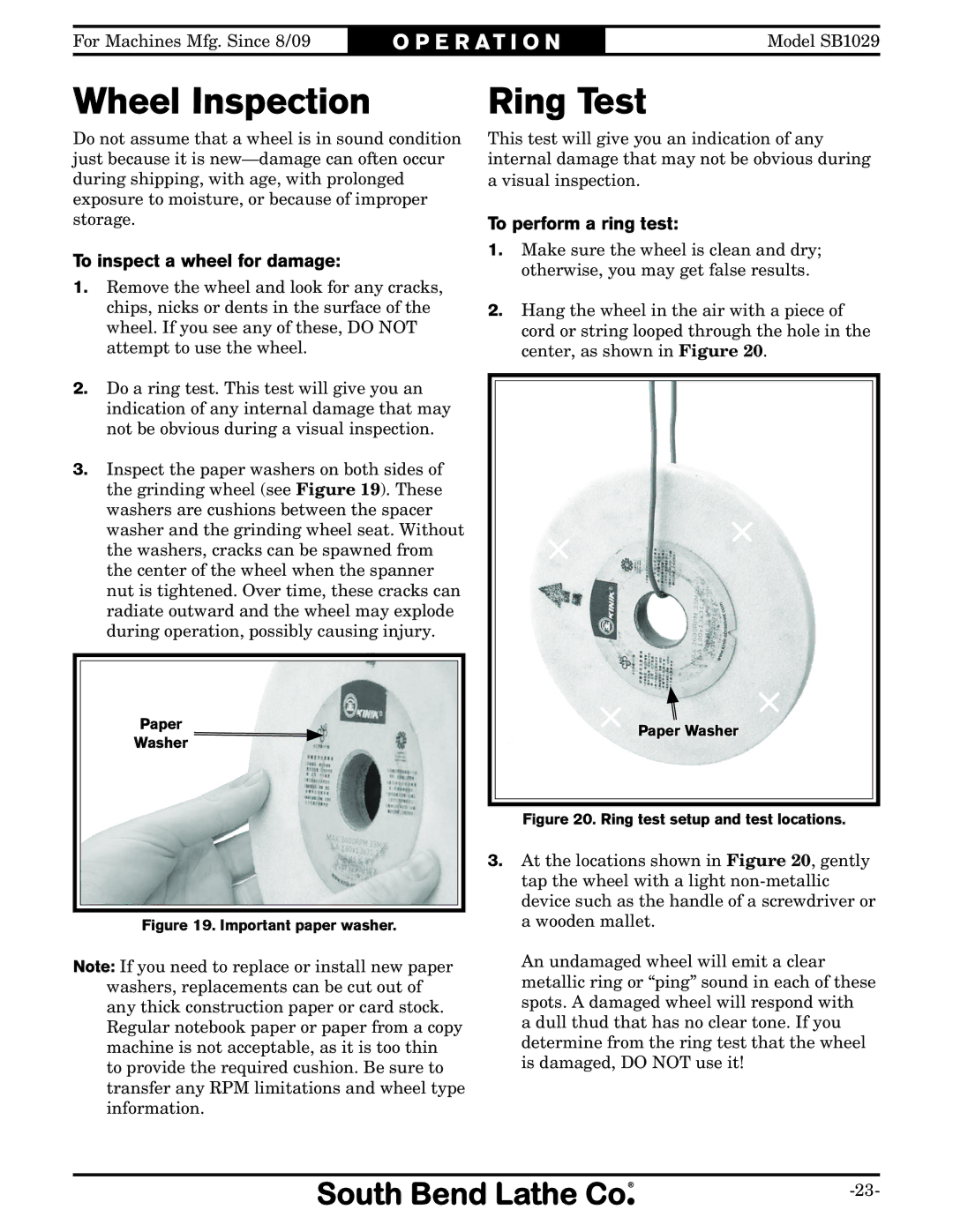 Southbend SB1029 owner manual Wheel Inspection, Ring Test, To inspect a wheel for damage, To perform a ring test 