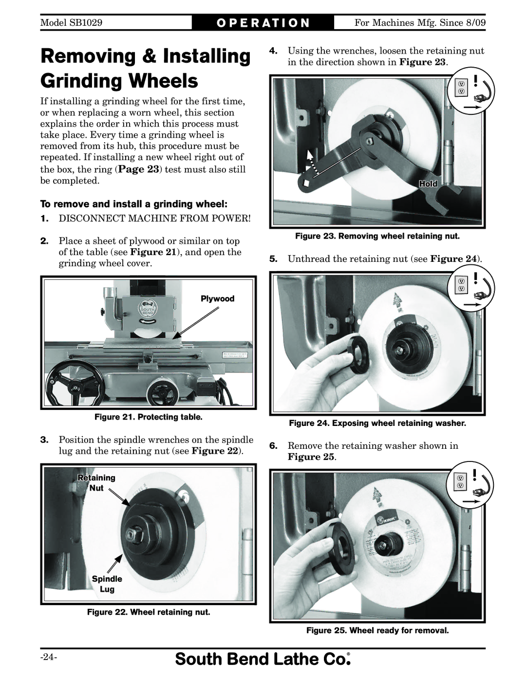 Southbend SB1029 owner manual Removing & Installing Grinding Wheels, To remove and install a grinding wheel 