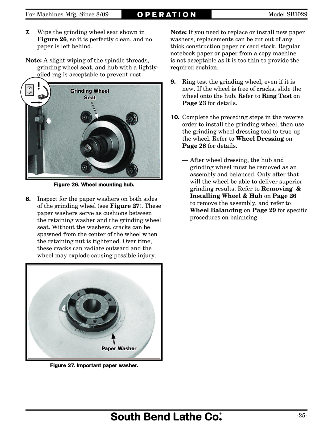 Southbend SB1029 owner manual Wheel mounting hub 