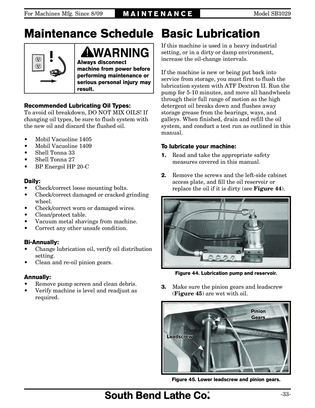 Southbend SB1029 owner manual Maintenance Schedule, Basic Lubrication 