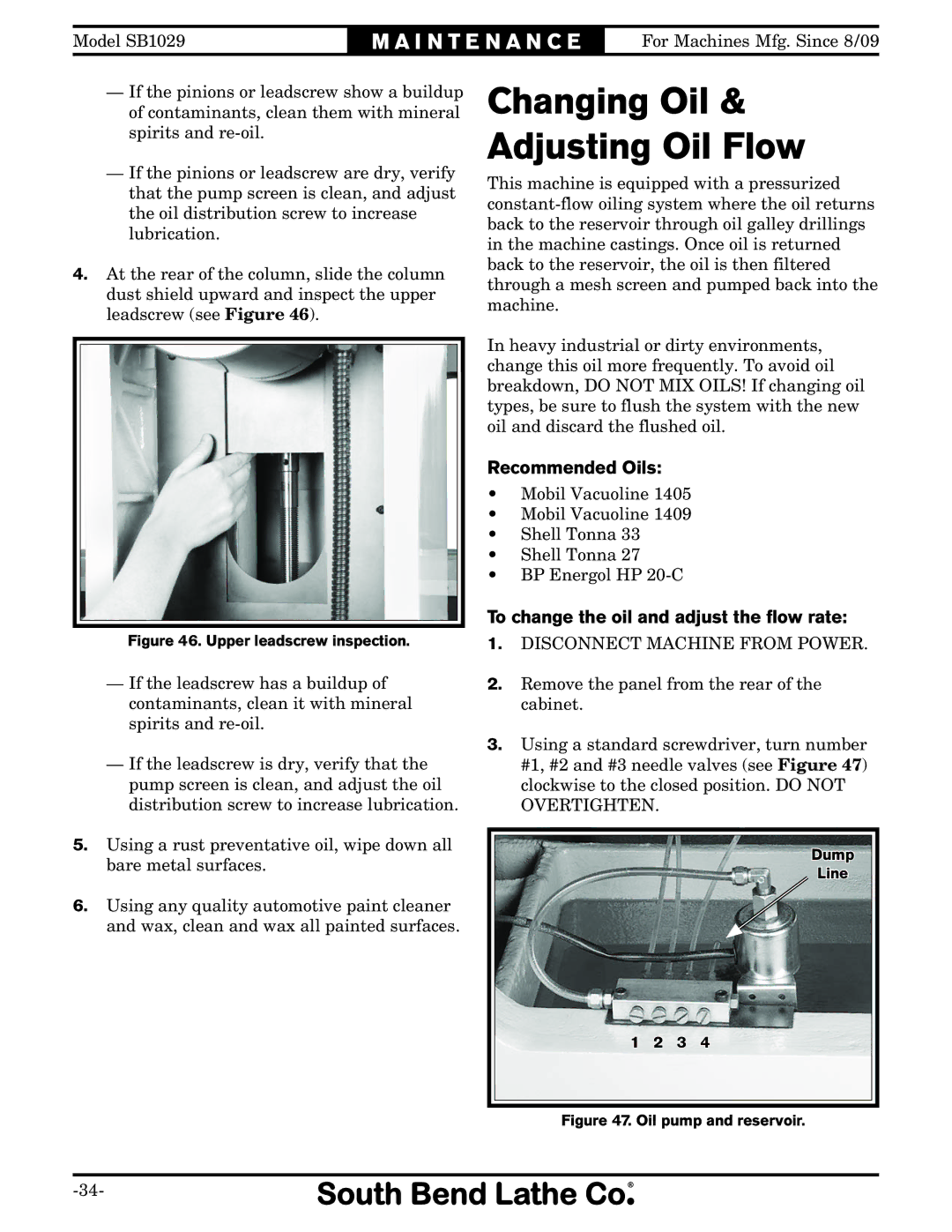 Southbend SB1029 owner manual Recommended Oils, To change the oil and adjust the ﬂow rate 