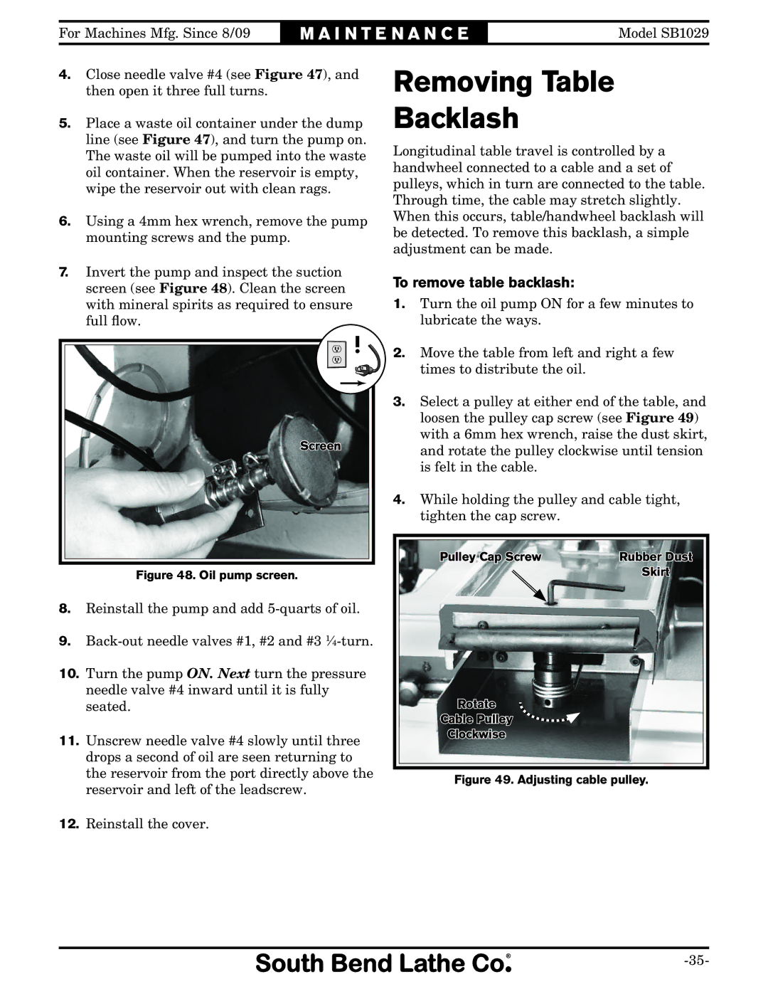 Southbend SB1029 owner manual Removing Table Backlash, To remove table backlash 