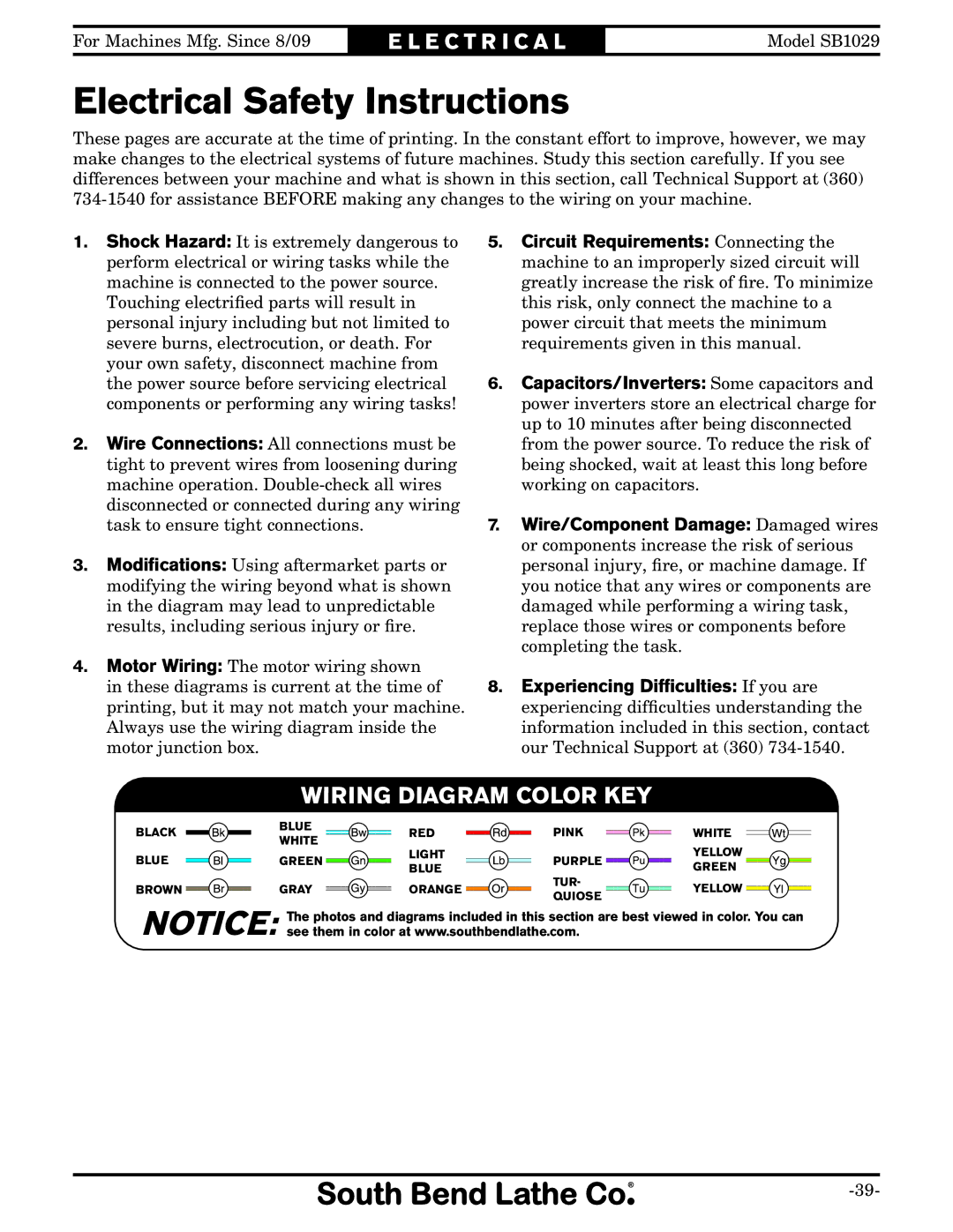 Southbend SB1029 owner manual Electrical Safety Instructions, Wiring Diagram Color KEY 