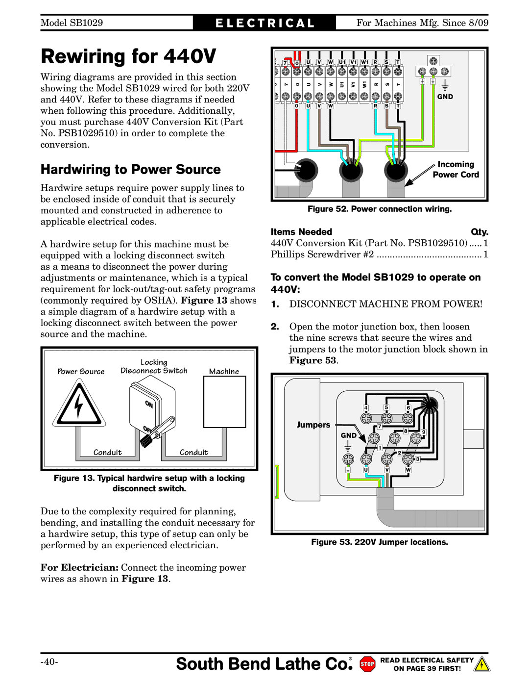 Southbend owner manual Rewiring for, Hardwiring to Power Source, To convert the Model SB1029 to operate on, 440V 