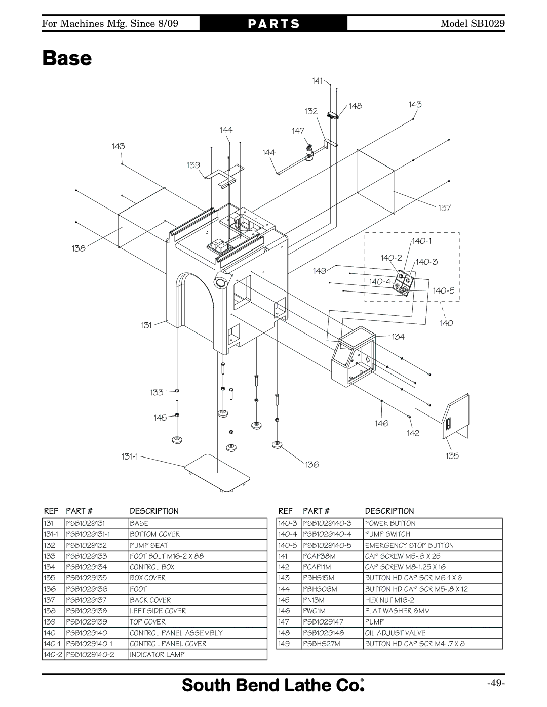 Southbend SB1029 owner manual Base, 146 