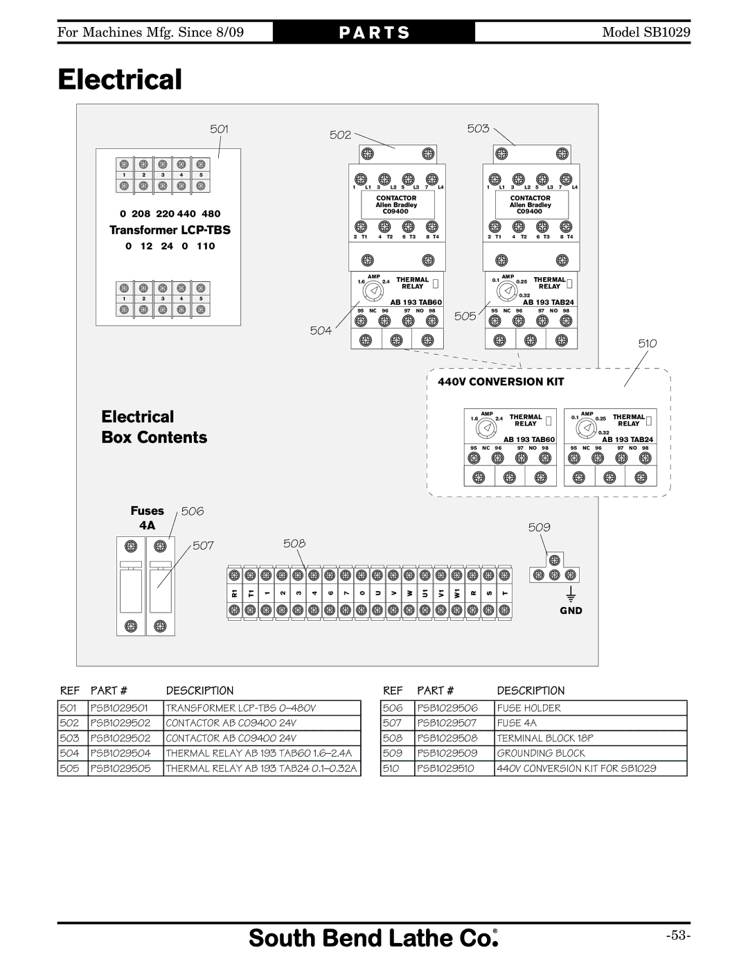 Southbend SB1029 owner manual Electrical 