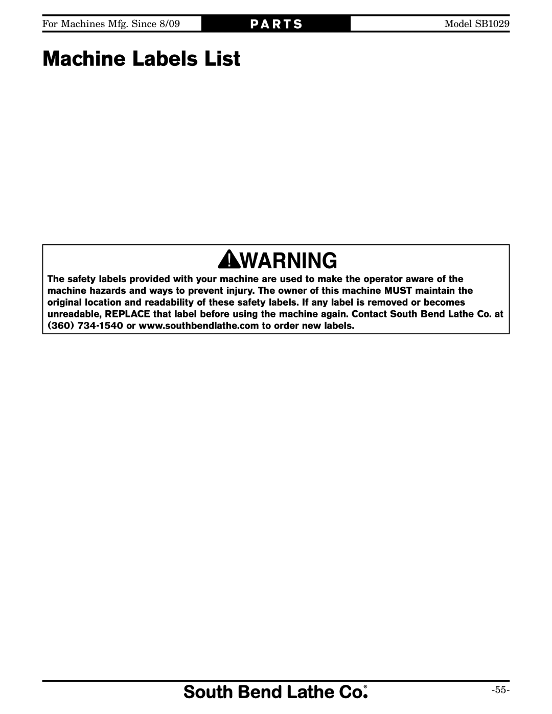 Southbend SB1029 owner manual Machine Labels List, Rotation Label 