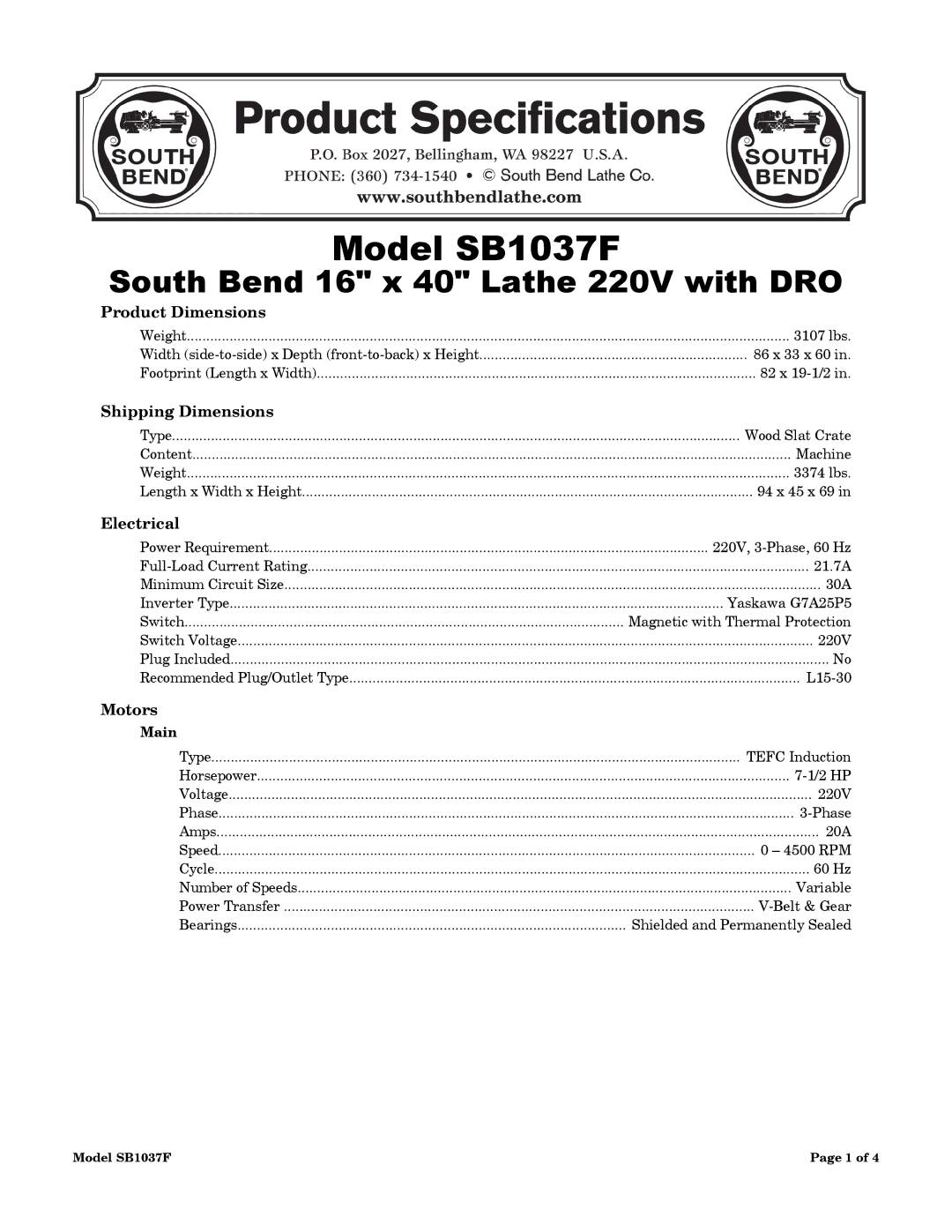 Southbend SB1037F dimensions Product Dimensions, Shipping Dimensions, Electrical, Motors, Main 