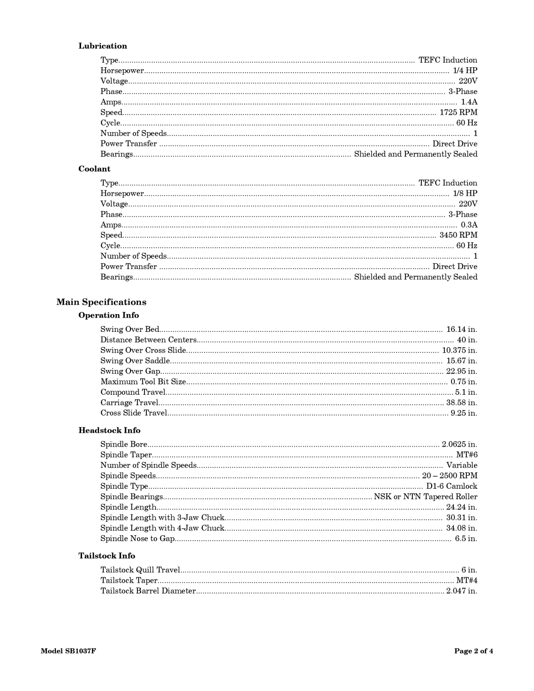 Southbend SB1037F dimensions Main Specifications 