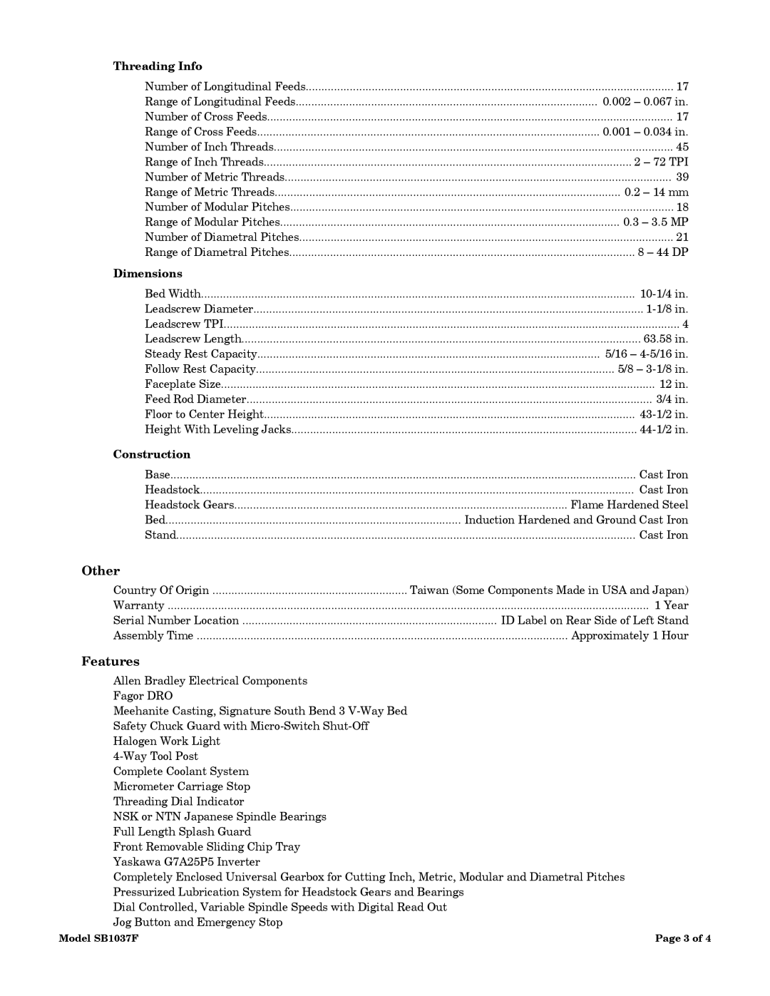 Southbend SB1037F dimensions Other, Features, Threading Info, Dimensions, Construction 