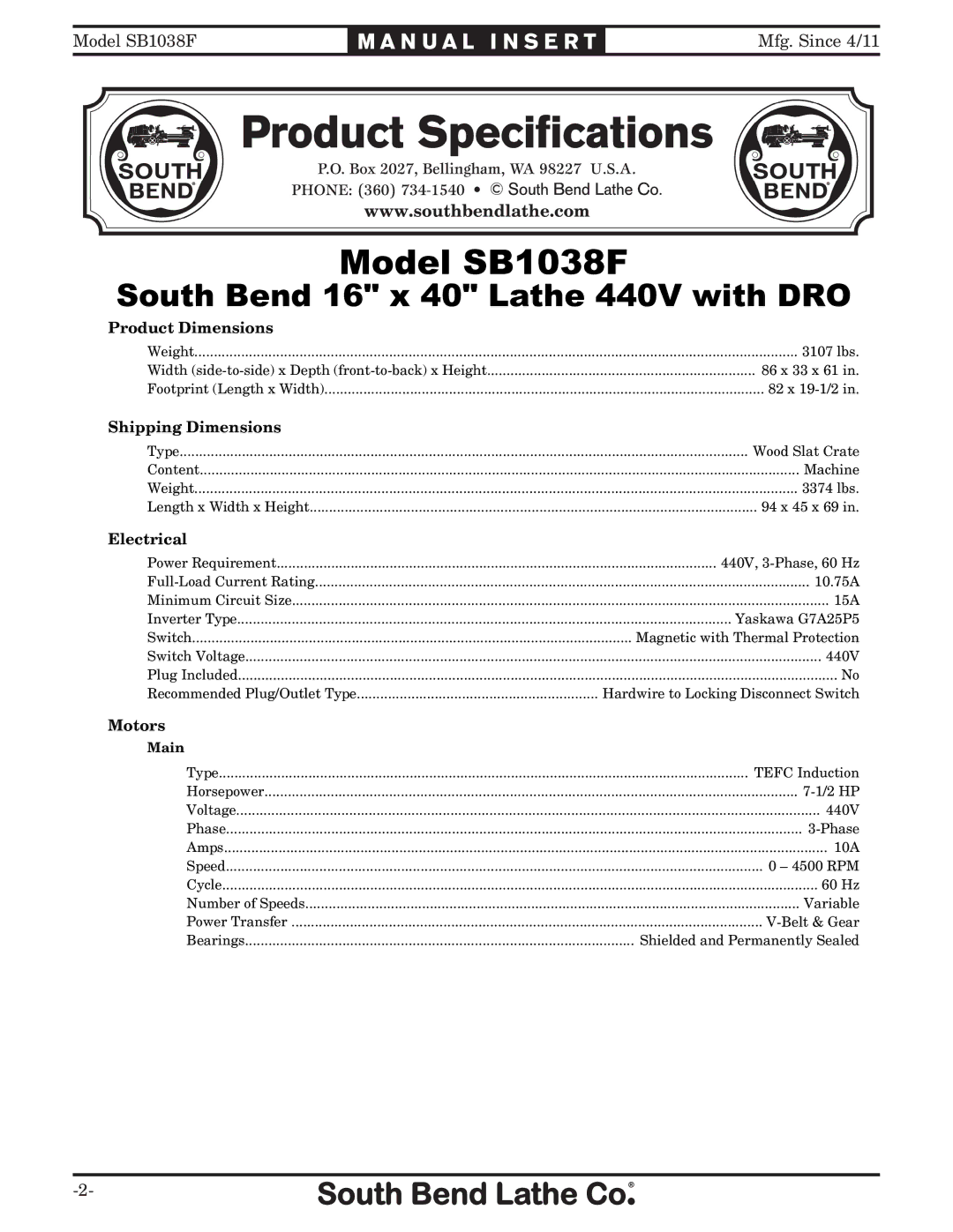 Southbend SB1038F manual Product Dimensions, Shipping Dimensions, Electrical, Motors, Main 