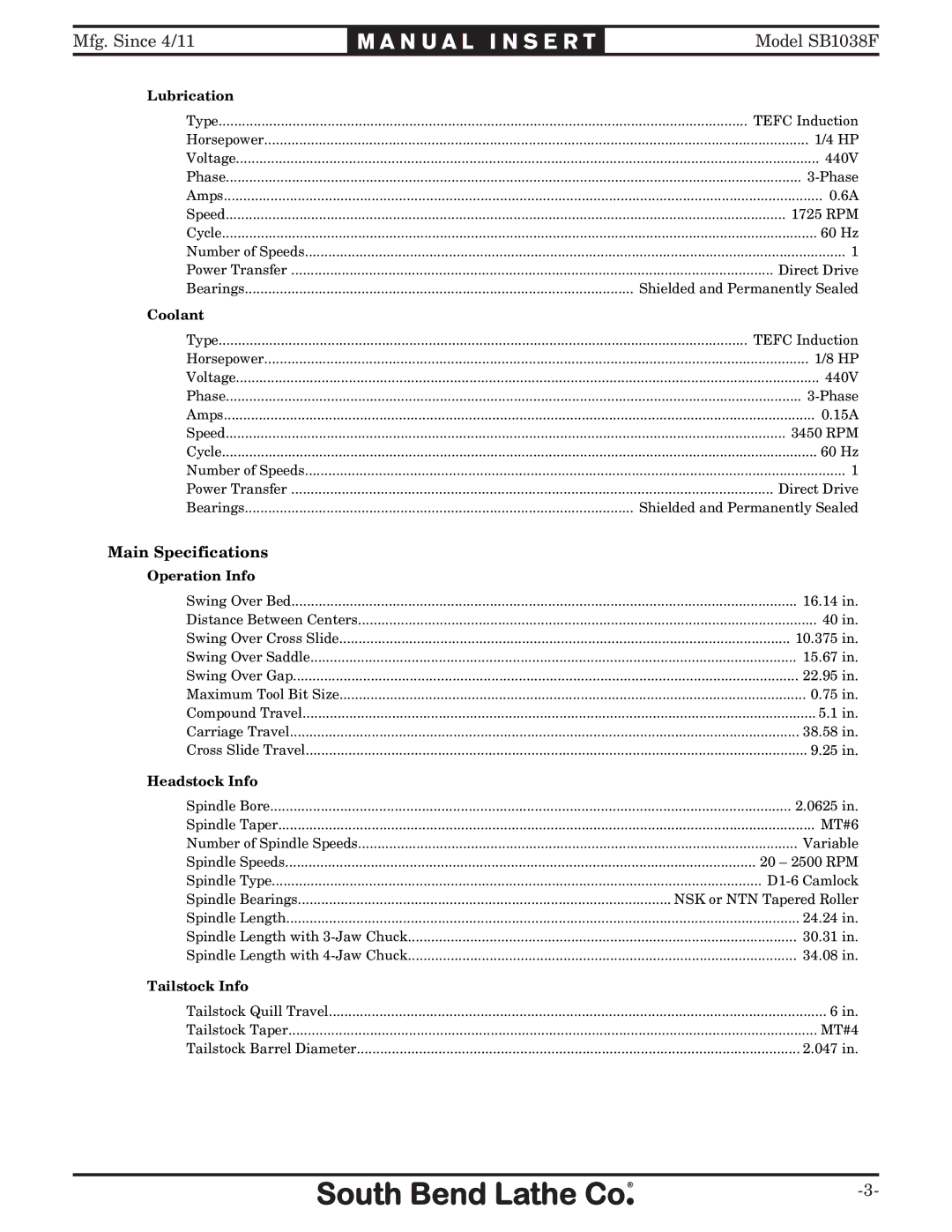 Southbend SB1038F manual Main Specifications 