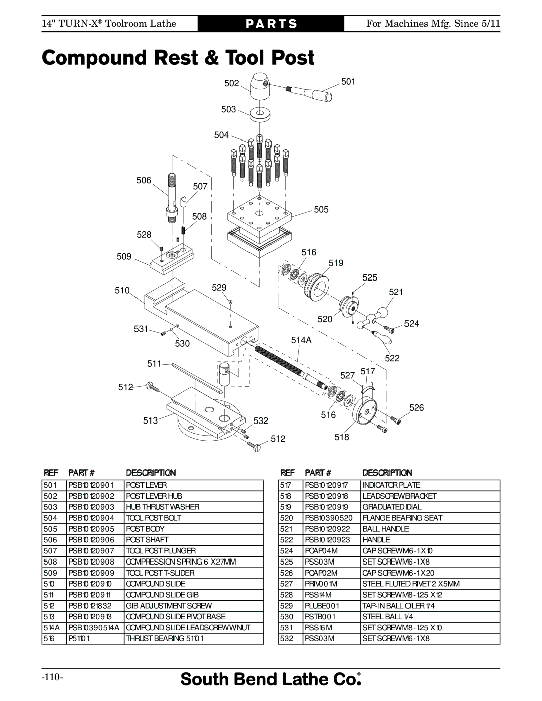 Southbend sb1039 owner manual Compound Rest & Tool Post 