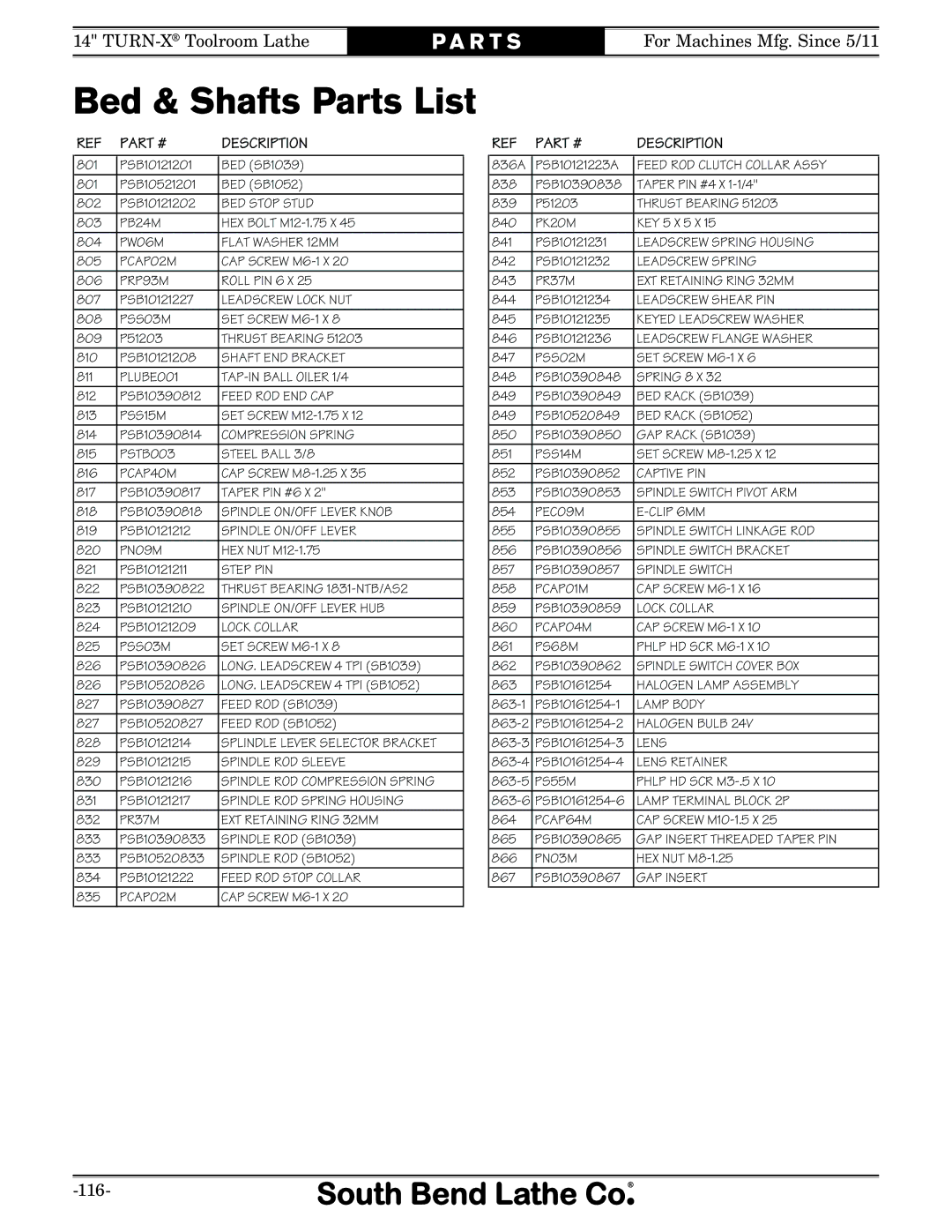 Southbend sb1039 owner manual Bed & Shafts Parts List 