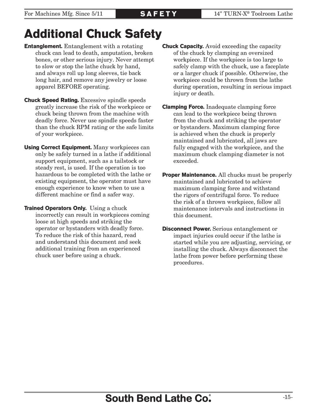 Southbend sb1039 owner manual Additional Chuck Safety 