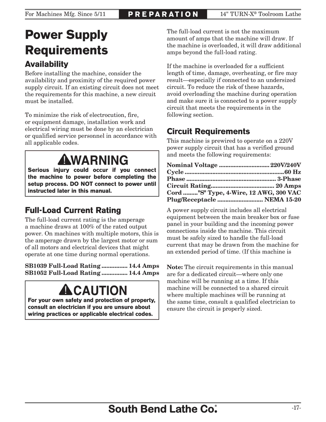 Southbend sb1039 owner manual Power Supply Requirements, Availability, Full-Load Current Rating, Circuit Requirements 