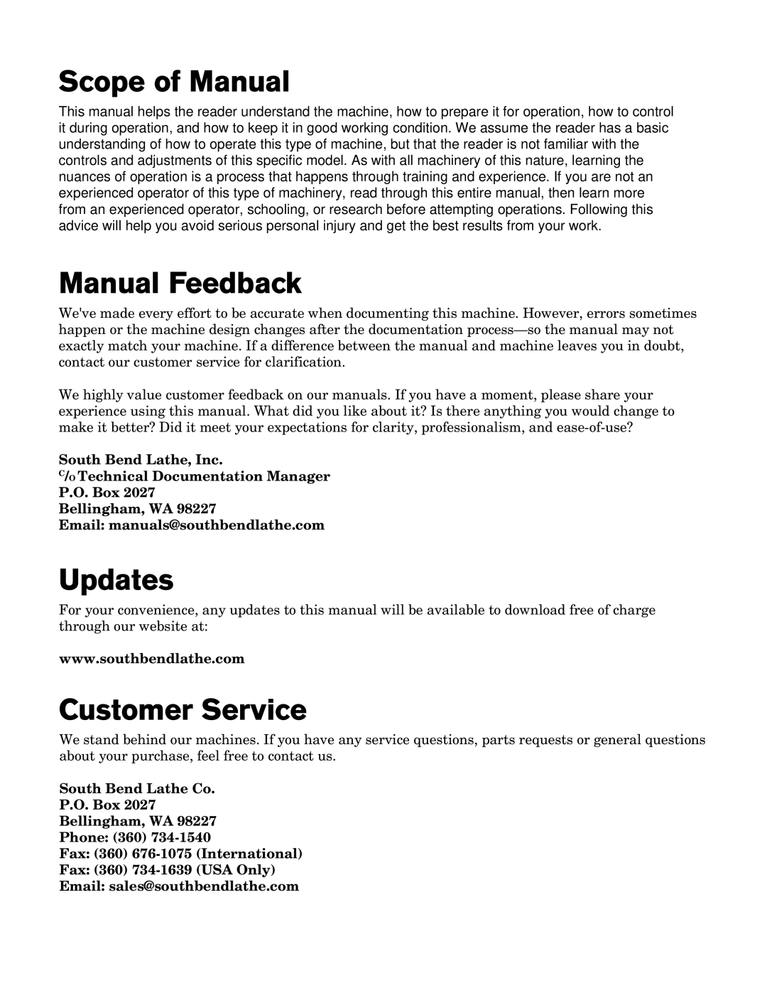 Southbend sb1039 owner manual Scope of Manual, Manual Feedback, Updates, Customer Service 