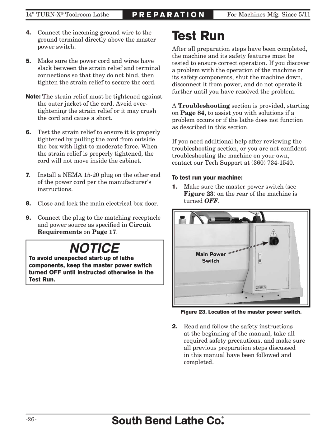 Southbend sb1039 owner manual Test Run, To test run your machine 