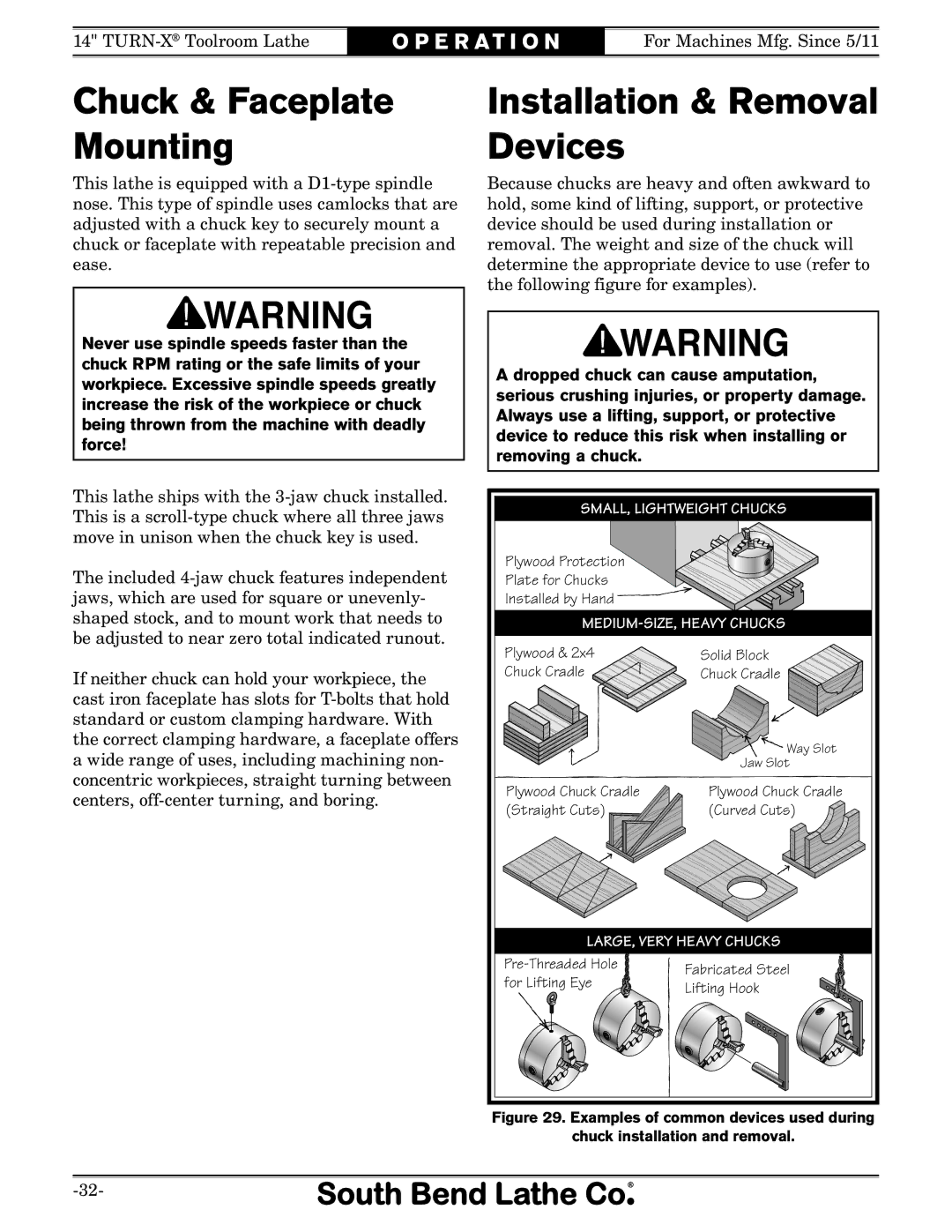 Southbend sb1039 owner manual Installation & Removal Devices, Chuck & Faceplate Mounting 