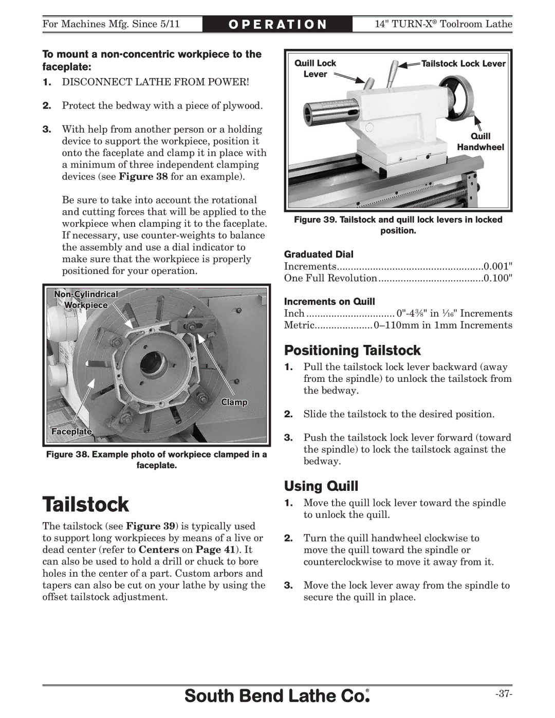 Southbend sb1039 owner manual Positioning Tailstock, Using Quill, To mount a non-concentric workpiece to the faceplate 