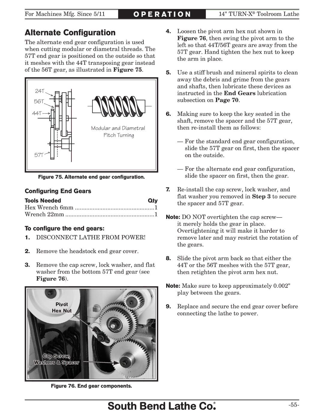 Southbend sb1039 owner manual Alternate Configuration, Configuring End Gears, To configure the end gears, Tools Needed Qty 