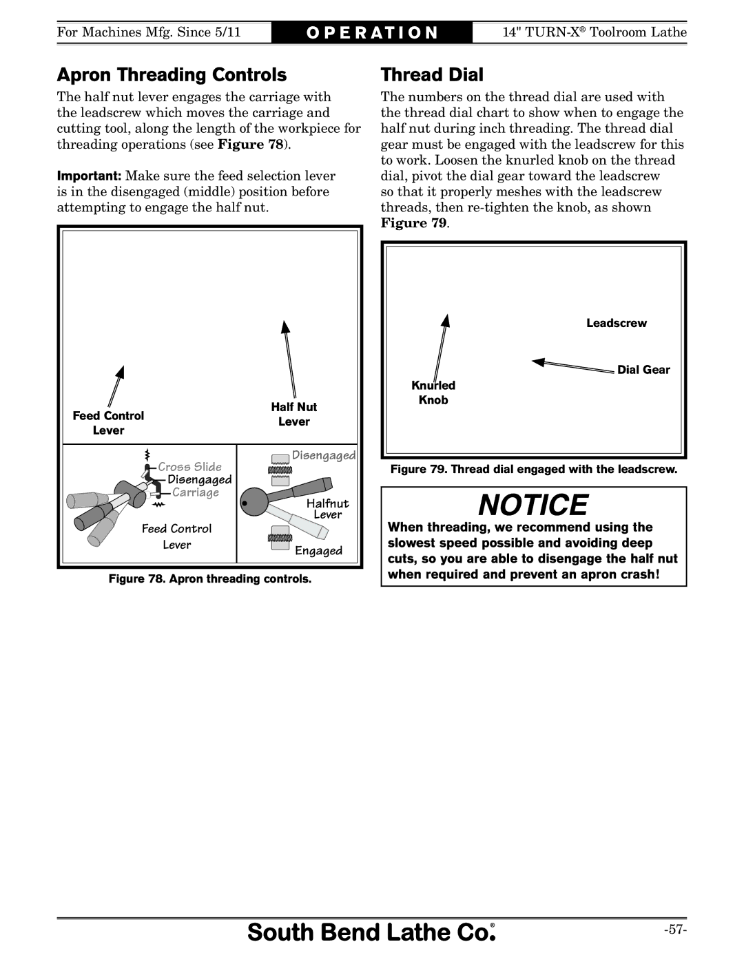 Southbend sb1039 owner manual Apron Threading Controls, Thread Dial, Feed Control Lever, Halfnut Lever Engaged 