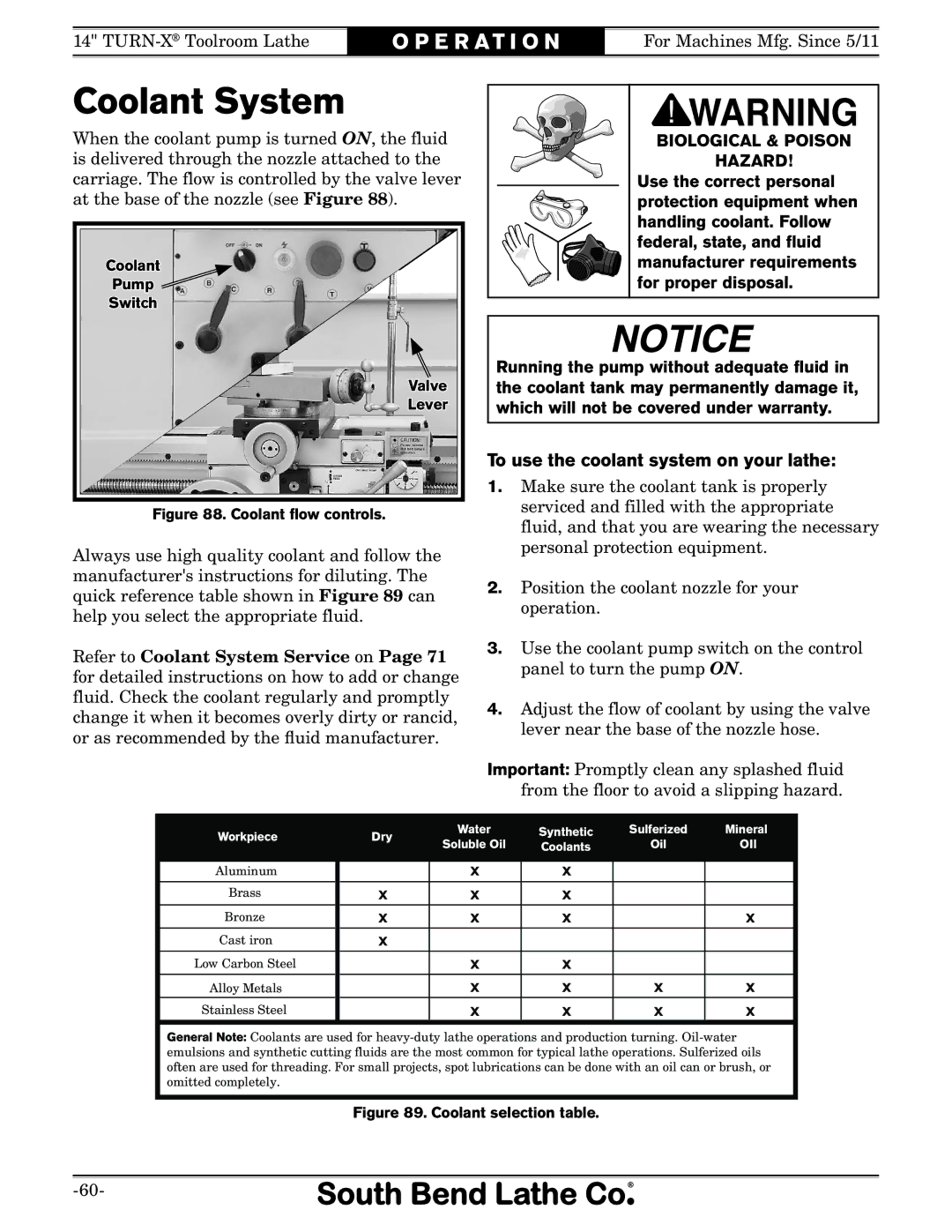 Southbend sb1039 owner manual Coolant System, To use the coolant system on your lathe 