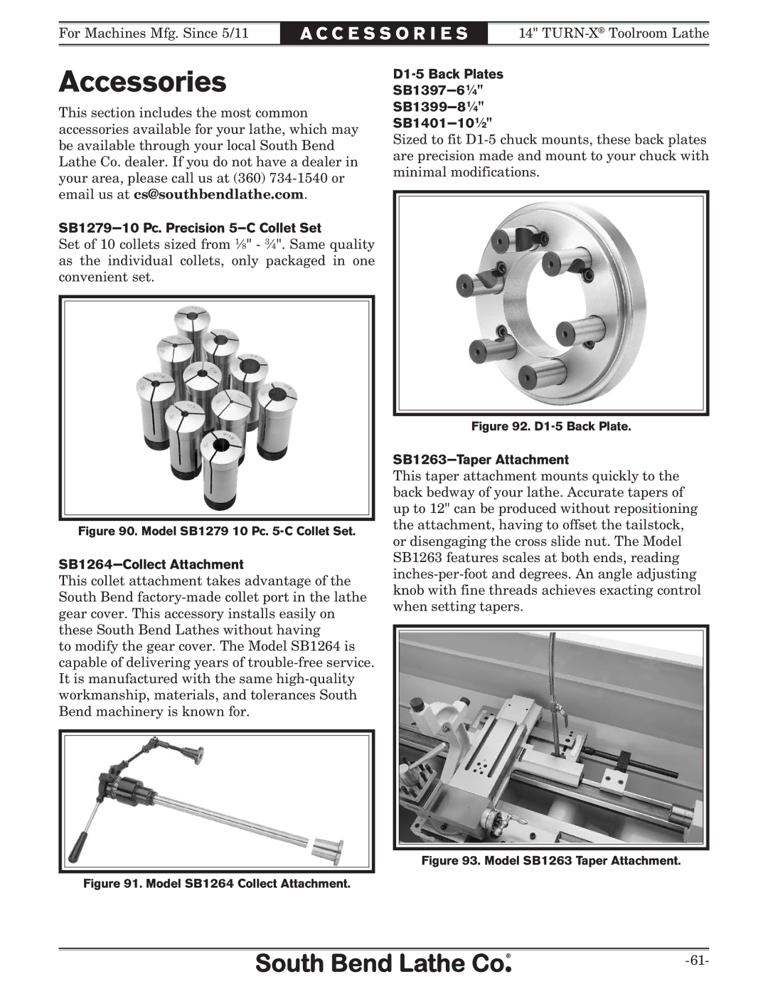 Southbend sb1039 Accessories, SB1279-10 Pc. Precision 5-C Collet Set, SB1264-Collect Attachment, SB1263-Taper Attachment 