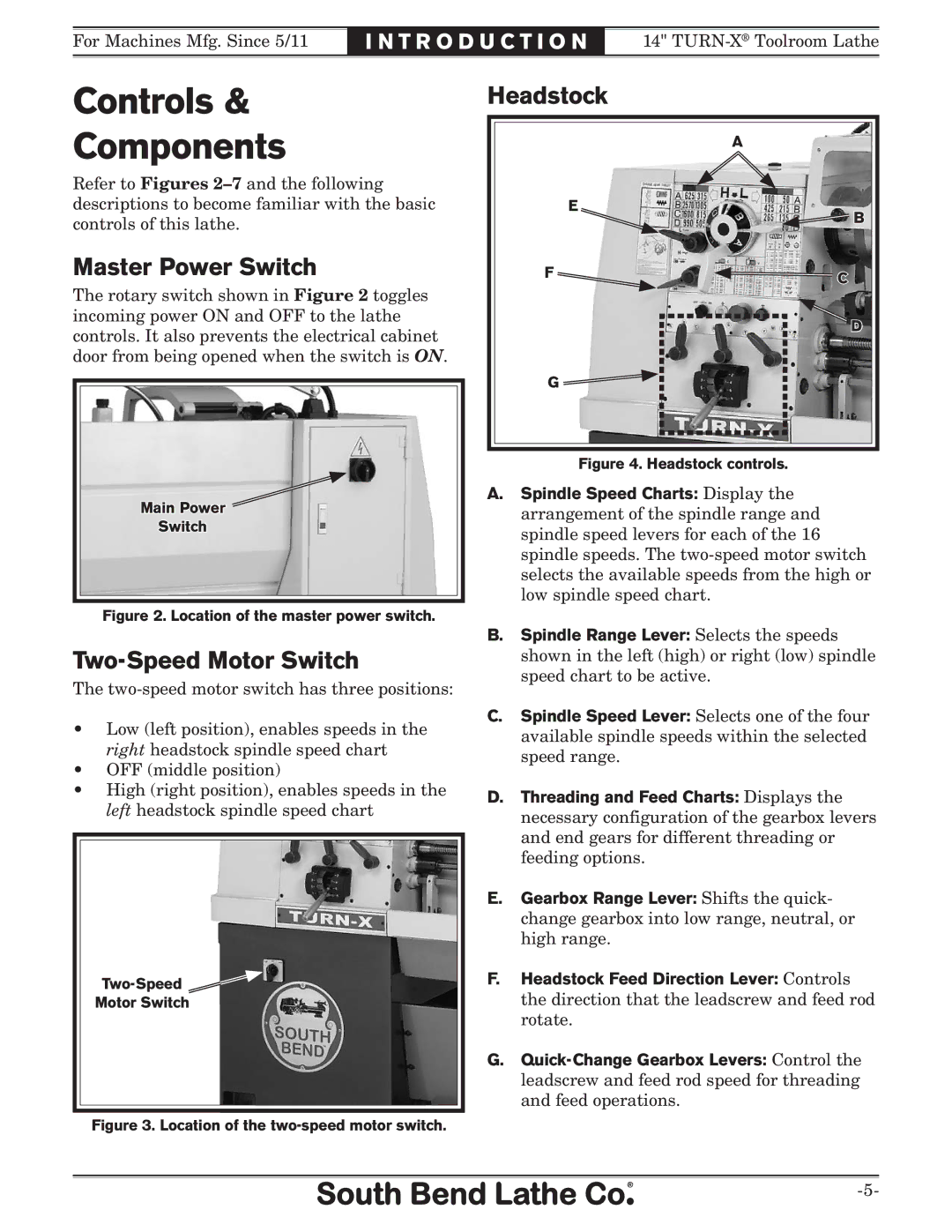 Southbend sb1039 owner manual Controls Components, Master Power Switch, Two-Speed Motor Switch 