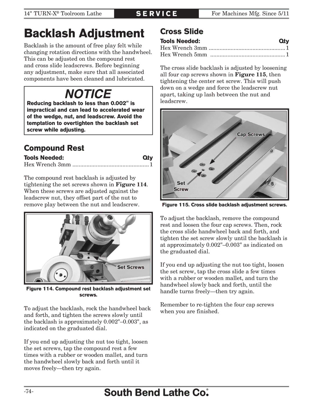 Southbend sb1039 owner manual Backlash Adjustment, Compound Rest, Cross Slide 