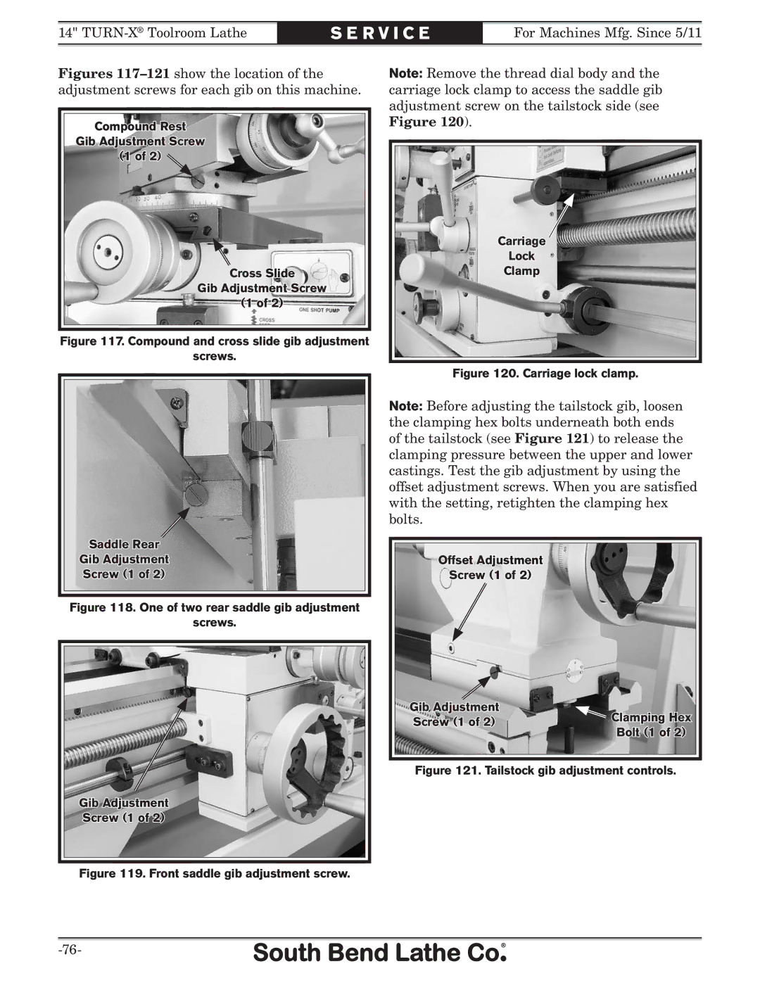 Southbend sb1039 owner manual Front saddle gib adjustment screw Carriage Lock Clamp 