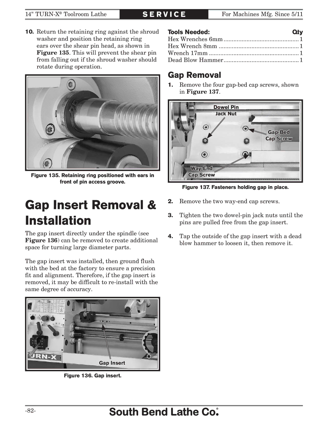 Southbend sb1039 owner manual Gap Insert Removal & Installation, Gap Removal 