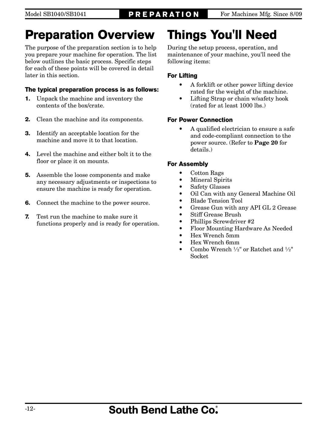 Southbend SB1041, SB1040 owner manual Preparation Overview, Things Youll Need 