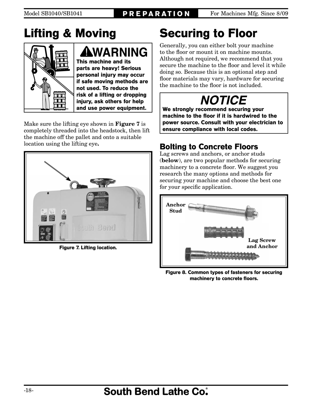 Southbend SB1041, SB1040 owner manual Lifting & Moving, Securing to Floor, Bolting to Concrete Floors 