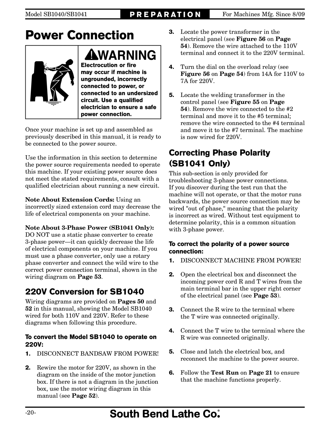 Southbend owner manual Power Connection, 220V Conversion for SB1040, Correcting Phase Polarity SB1041 Only 