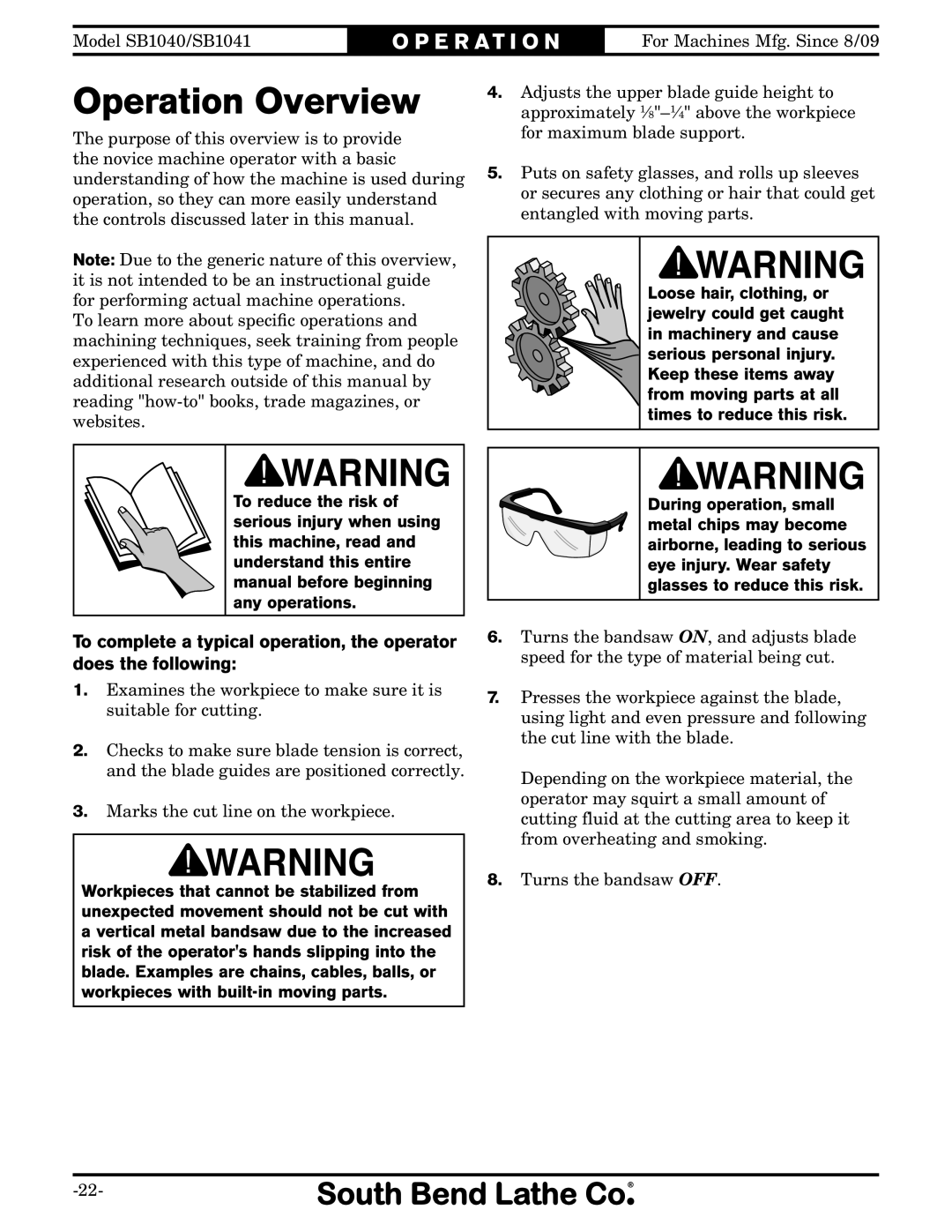 Southbend SB1041, SB1040 owner manual Operation Overview 