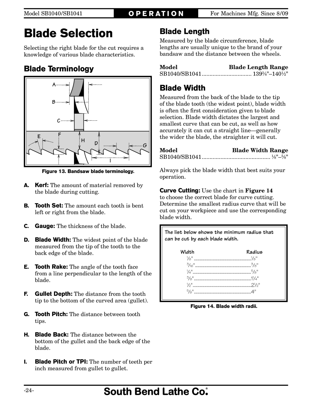 Southbend SB1041, SB1040 owner manual Blade Selection, Blade Length, Blade Terminology, Blade Width 