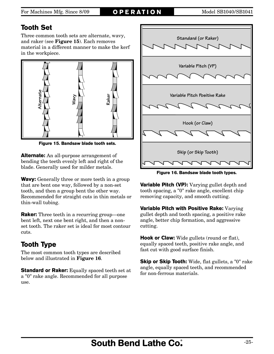 Southbend SB1040, SB1041 owner manual Tooth Set, Tooth Type 