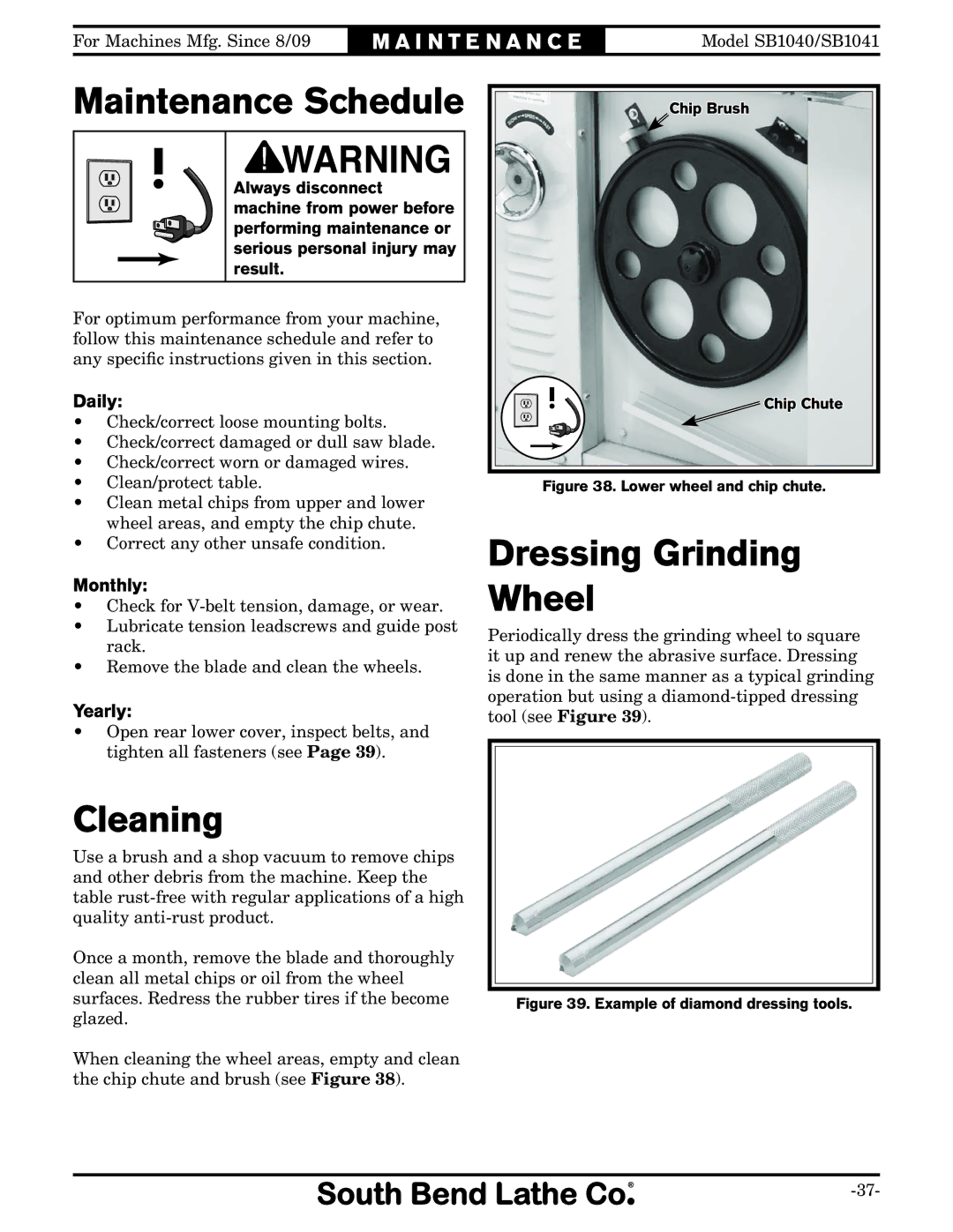 Southbend SB1040, SB1041 owner manual Maintenance Schedule, Cleaning, Dressing Grinding Wheel 