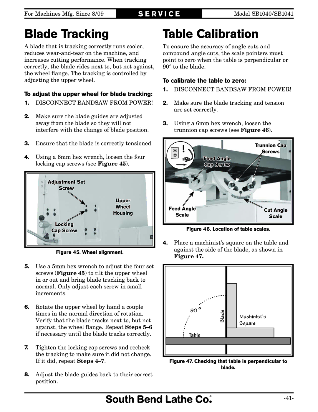 Southbend SB1040, SB1041 owner manual Blade Tracking, Table Calibration, To adjust the upper wheel for blade tracking 