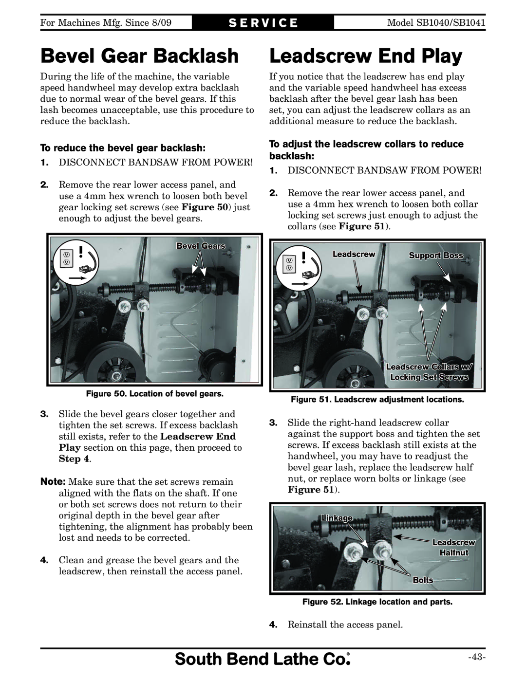 Southbend SB1040, SB1041 owner manual Bevel Gear Backlash, Leadscrew End Play, To reduce the bevel gear backlash 