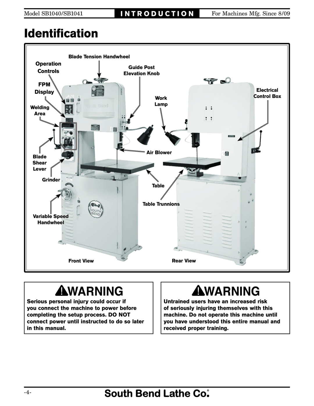 Southbend SB1041, SB1040 owner manual Identiﬁcation, Fpm 