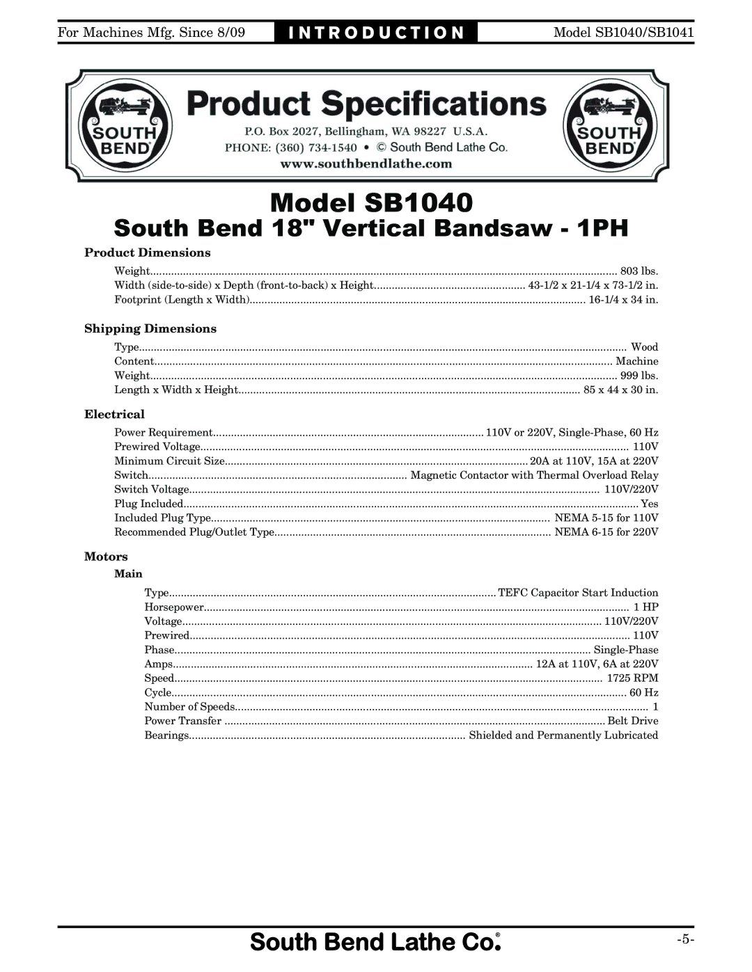 Southbend SB1040, SB1041 owner manual Machine Speciﬁcations, 012 3345-4&6 