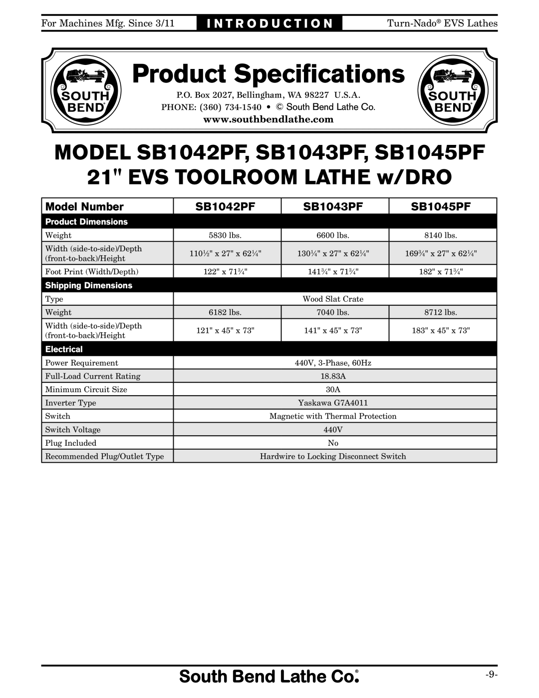 Southbend owner manual Product Speciﬁcations, Model SB1042PF, SB1043PF, SB1045PF EVS Toolroom Lathe w/DRO 