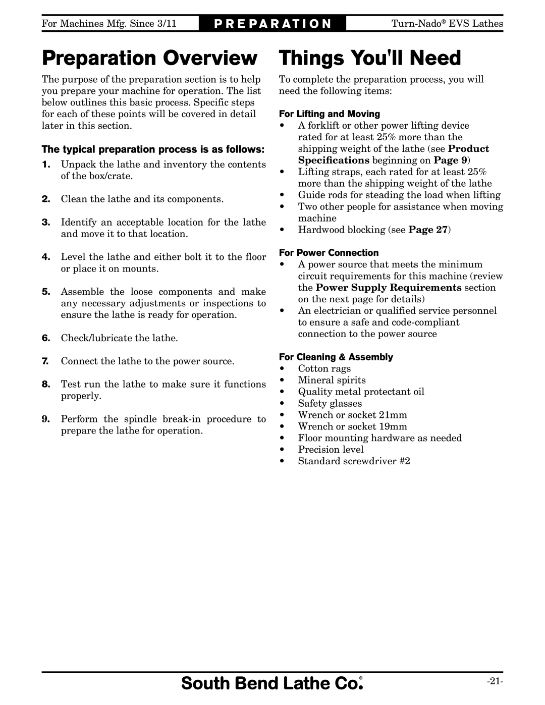 Southbend SB1042PF owner manual Preparation Overview, Things Youll Need, Typical preparation process is as follows 