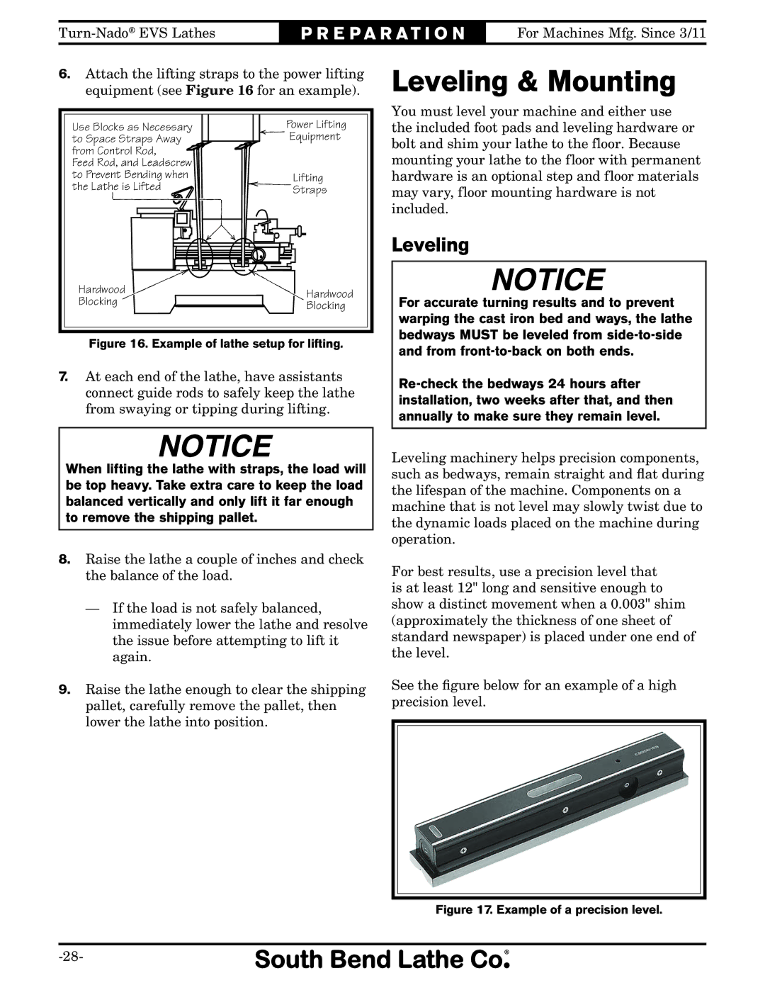 Southbend SB1042PF owner manual Leveling & Mounting 