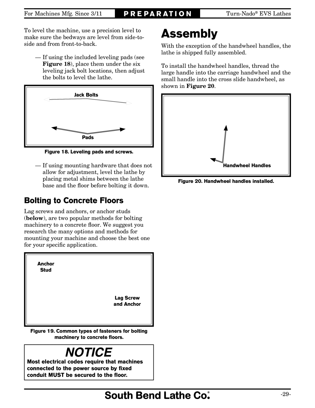 Southbend SB1042PF owner manual Assembly, Bolting to Concrete Floors 